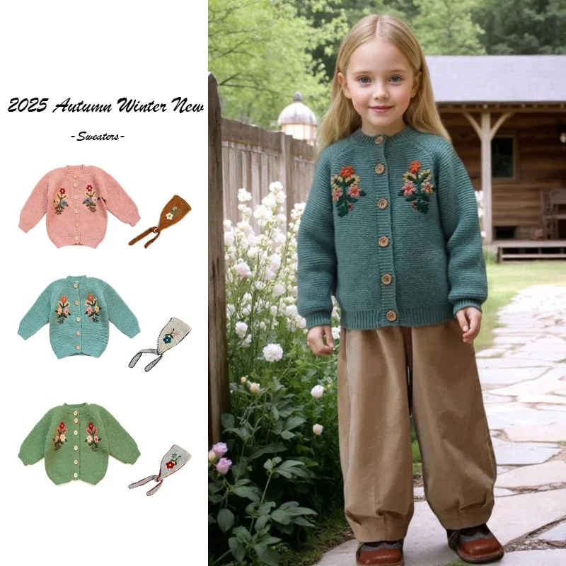 

Осень-зима 2022, новый кардиган с вышивкой, свитер в стиле ретро, вязаный свитер, платок, вязаная одежда для маленьких девочек, От 2 до 10 лет