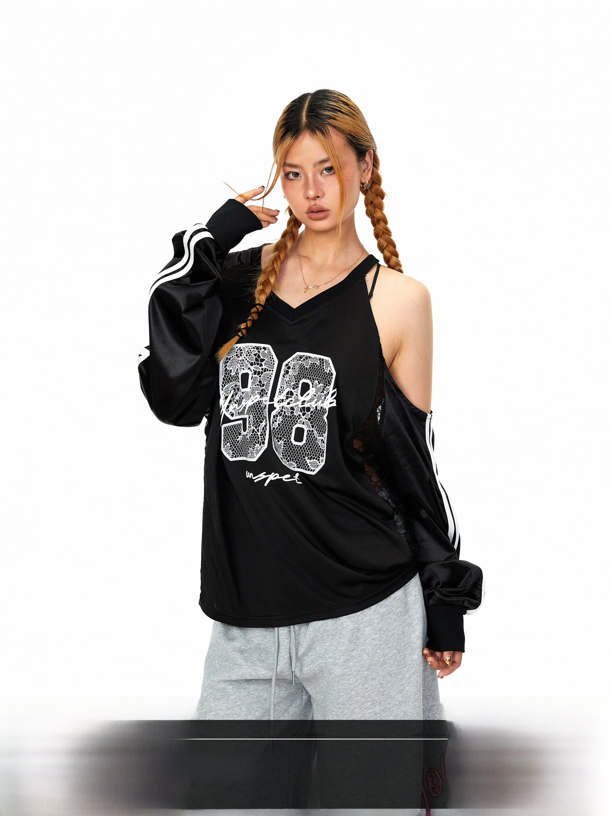 

Blackbb Embroidered Lace Shoulder Bared V Neck Long Sleeve T Shirt Women's Loose Fit Casual Tee Street Style Hot Girl Design