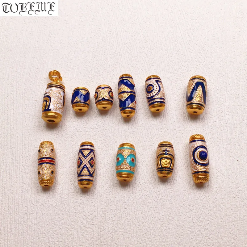 

100% 925 Silver 24 Gold-plated Tibetan Vase DZI Bead Good Luck Enamel Tiger-teeth DZI Beads Jewelry Findings