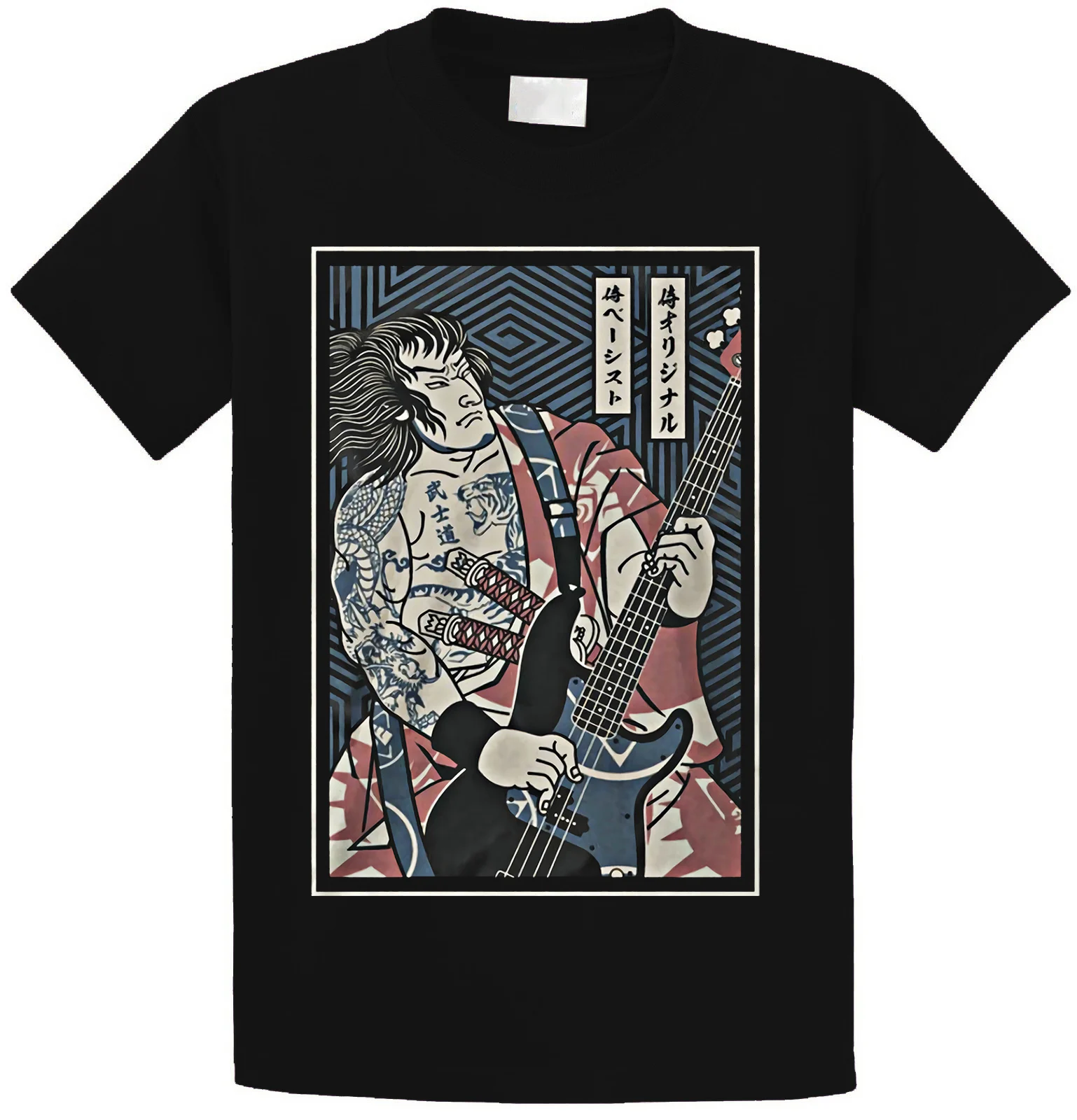 Japanese Samurai Guitar Graphic Tshirts Black Fashion Men Short-sleev Tee Male Shirt Fitness Tees Summer Oversized T-shirt