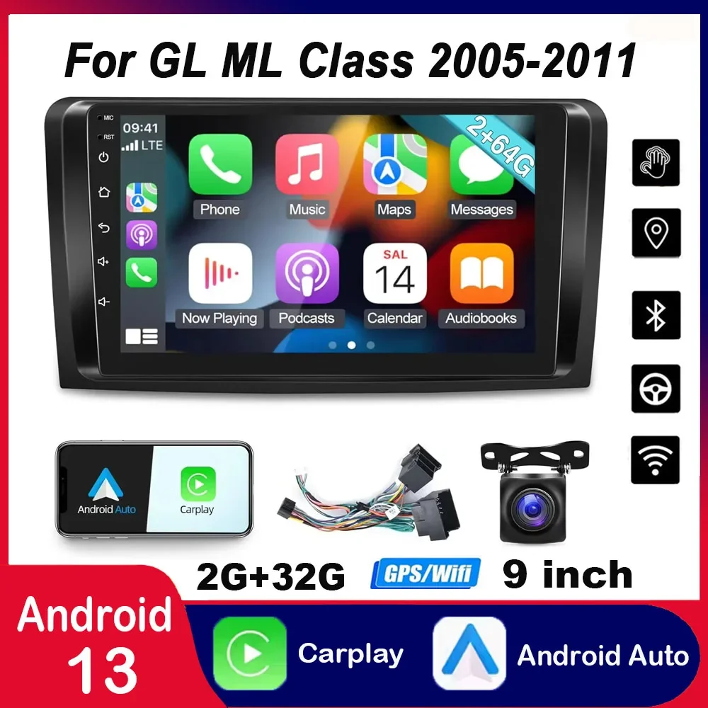 

For Mercedes Benz GL ML Class W164 X164 ML350 ML500 ML280 GL320 GL350 GL450 2005-2011 Android 13 Carplay/Android Auto 9 Inch