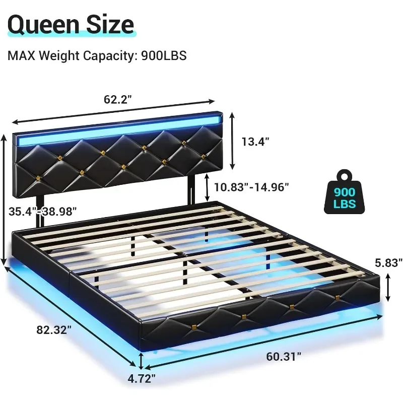 Type-C and USB Ports Queen Visual Floating Upholstered Platform Bed with Led Lights Faux Leather Low Profile Bed Frame,Black