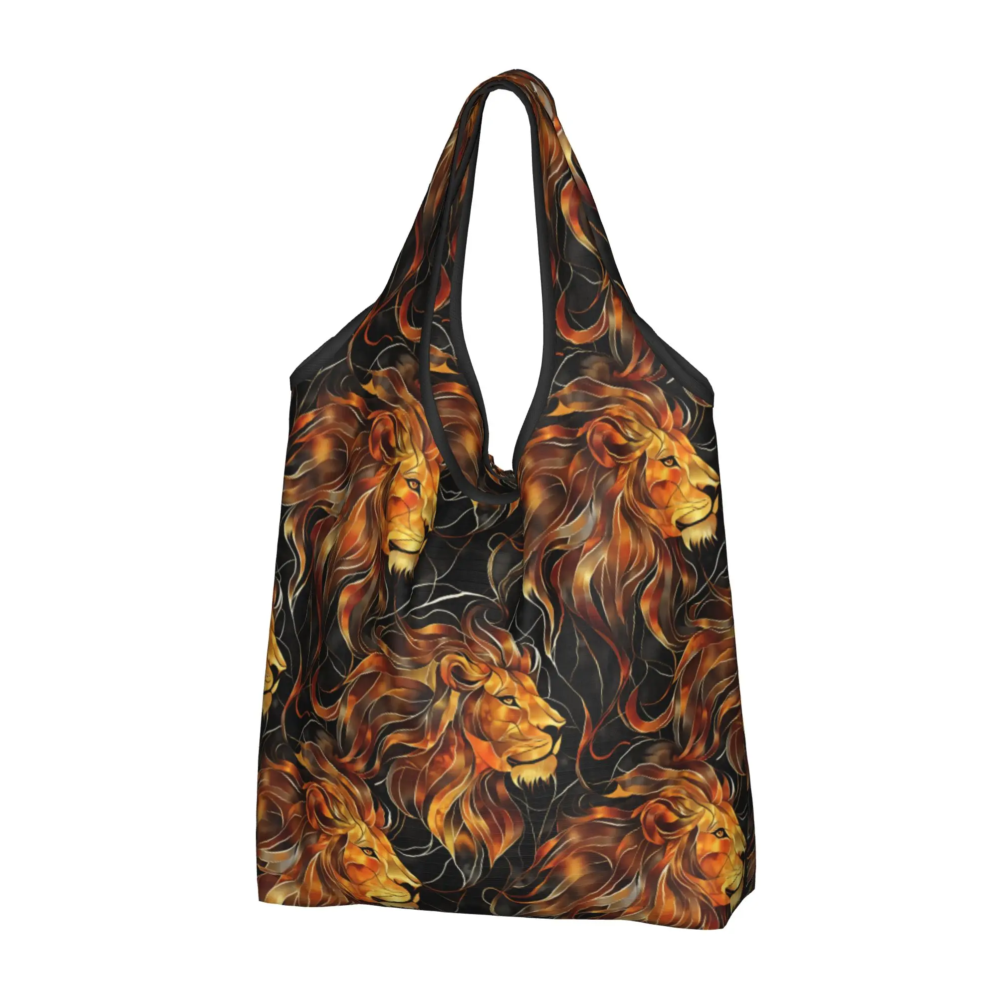 Custom Fiery Golden Black Lion Shopping Bags Large Capacity Grocery Stained Glass Wildlife African Lion  Shopper Tote Bags