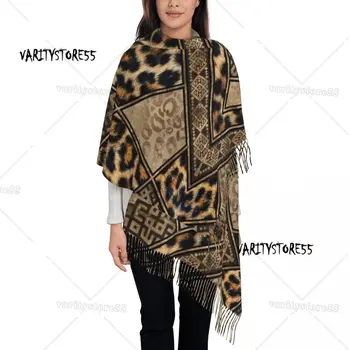 Écharpe en fourrure de léopard personnalisée, ornements géométriques tribaux ethniques, châle chaud d'hiver rond long, écharpes Bergame en cuir animal, pompon