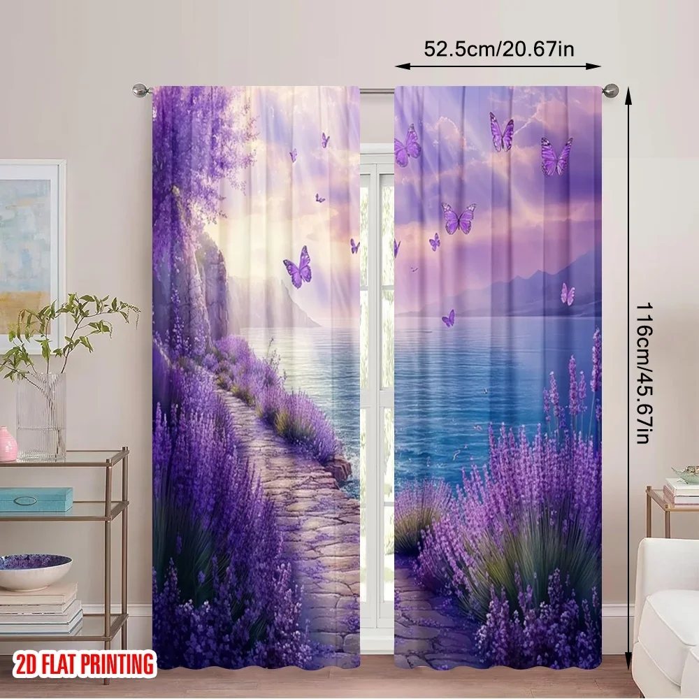 Digital Print Lavender Field Curtain Window Panel Boho Cottage Style Butterfly Spring Bathroom Living Room Curtains