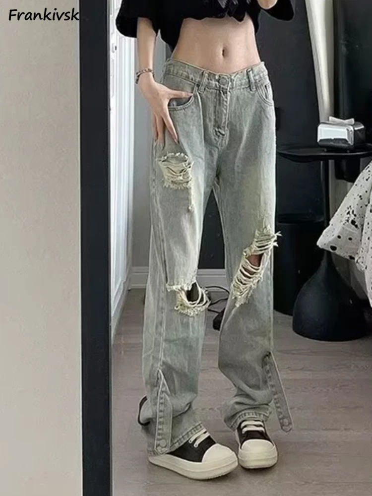 

Hole Jeans Women Summer Korean Style Bleached Ripped Vintage Button High Street Soft Leisure Trendy Pure College Trousers Gothic