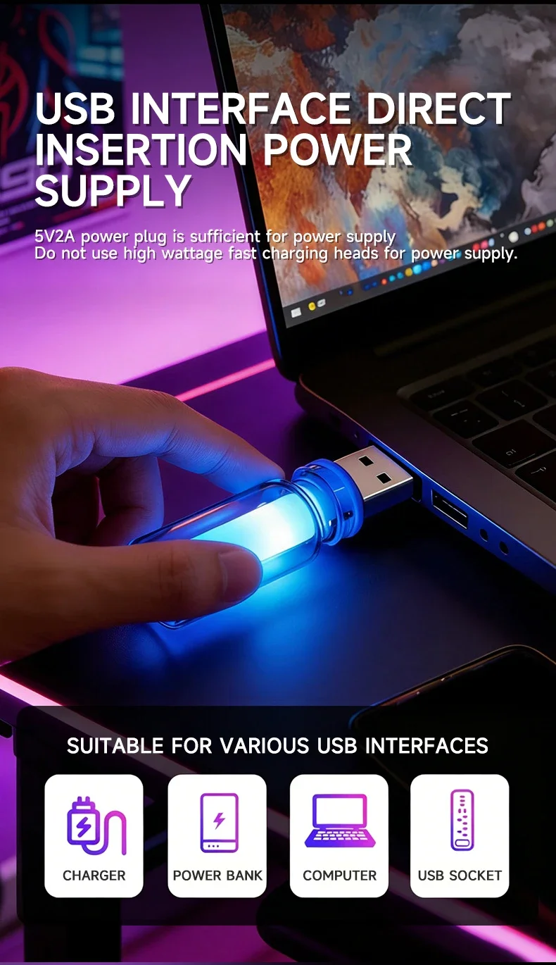 Auto-USB-Ambientelicht Schlafzimmer Camping Tragbares RGB-Regenbogen-Nachtlicht Plug-and-Play LED-Ambientelicht Dekorative Beleuchtung – Detail 12