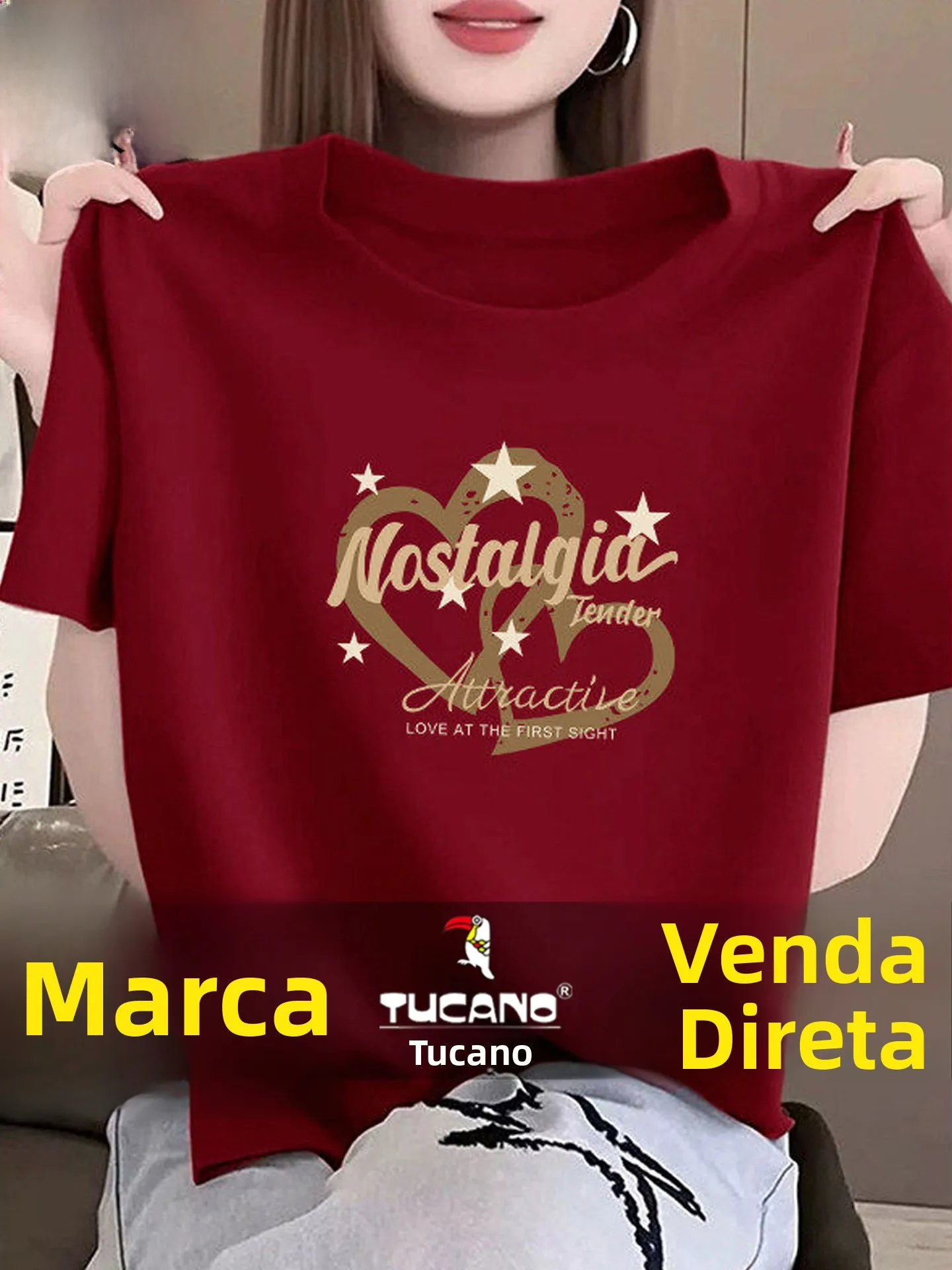 Camiseta Feminina TUCANO de Manga Curta, Nova Coleção de Verão, Estampa de Coração, Solta, Casual, em Mistura de Algodão e Po...