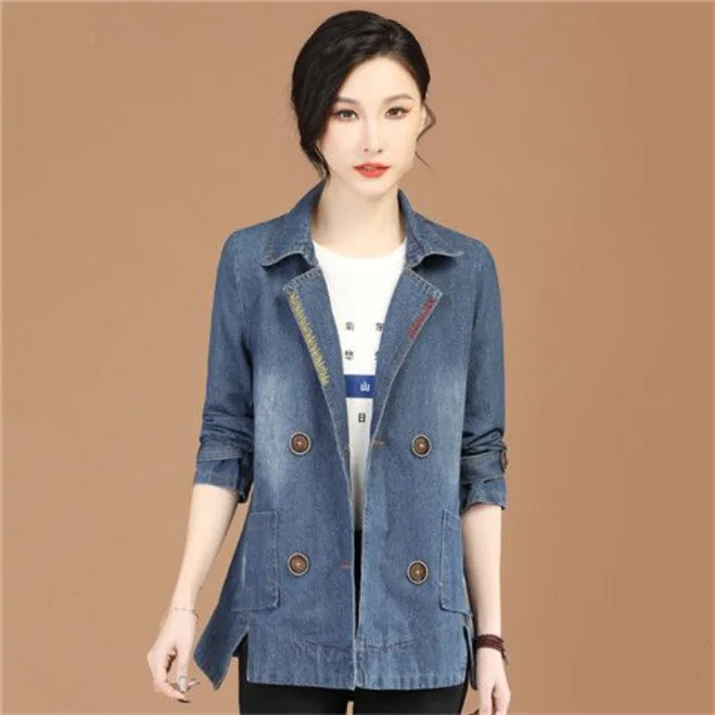

Women's Casual Double Breasted Denim Blazer Vintage Loose Fit Lapel Collar Long Jean Jacket Women Spring