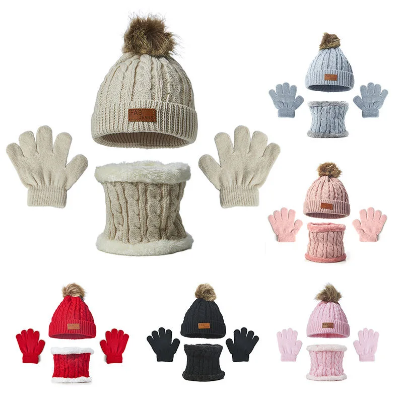 Children's hat scarf gloves three-piece set autumn and winter new single ball baby hat boys and girls knitted hat bib