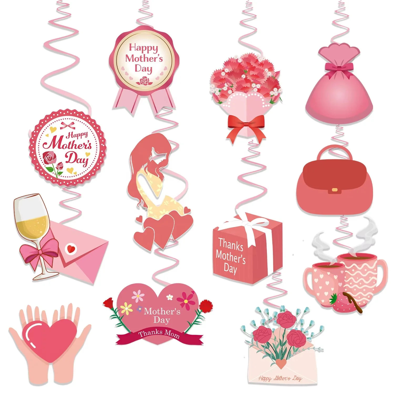 

12pcs/set Mothers Day hanging swirls and cards decoration Festival decoration props spiral tag atmosphere decoration