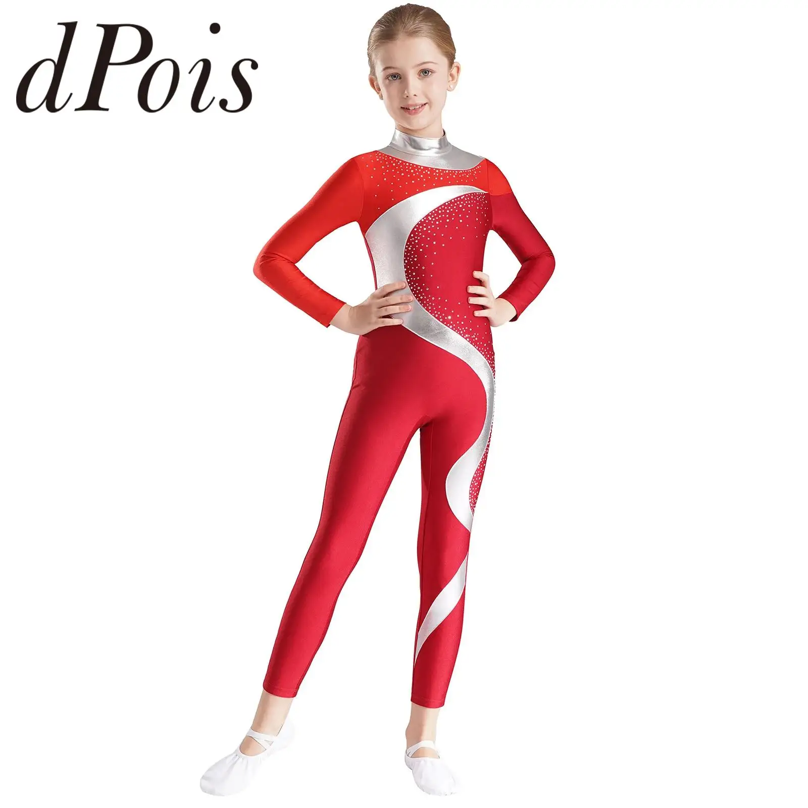 

Kids Girls Metallic Patchwork Leotard Figure Skating Ballet Dance Jumpsuit Long Sleeve Keyhole Back Rhythmic Gymnastics Bodysuit