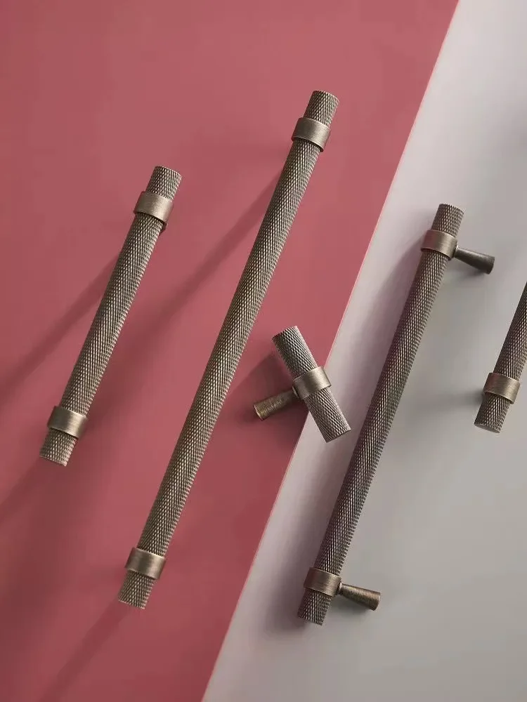 Antique Knurled Solid Brass Furniture Drawer Knobs T bar Wardrobe Handle Kitchen Cabinet Knobs Door Pull Furniture Handles