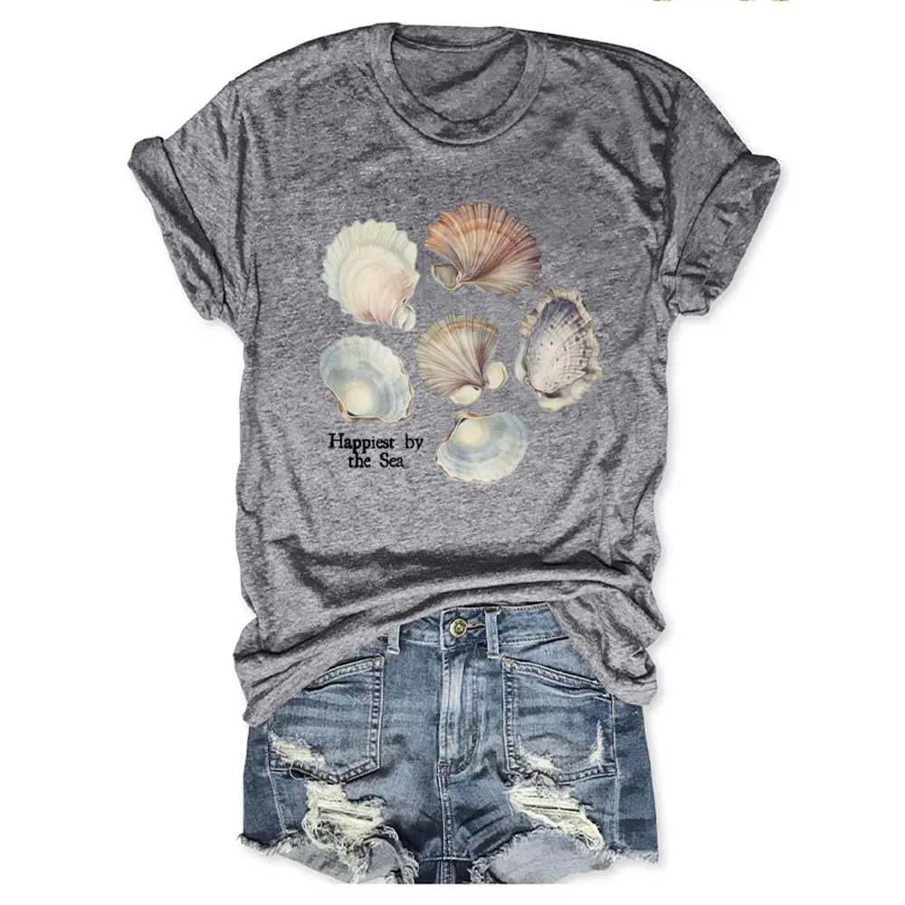 Rheaclots Seashell Summer Printed Round Neck Short Sleeve T-Shirt