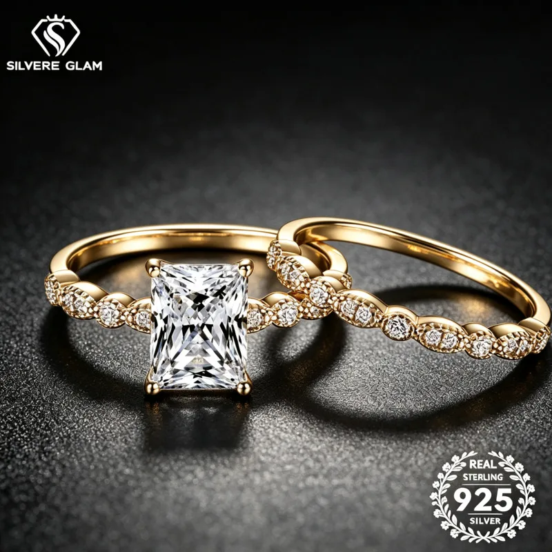 925 Sterling Silver 2CT Radiant Milgrain Bridal Set Ring D VVS1 Moissanite Multi Tone Romantic Wedding Fine Jewelry For Women