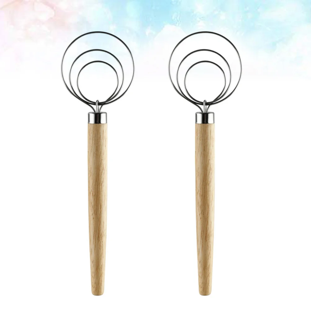 2 Pcs Agitator Egg Beater Stainless Steel Kitchenware Bamboo Dough Whisk Mixer Bread