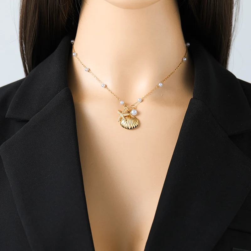 EILIECK 316L Edelstahl Goldfarben Seestern Muschel Perlen Halskette Ohrringe Set für Damen Trendiger Wasserdichter Schmuck Damengeschenk – Detail 8