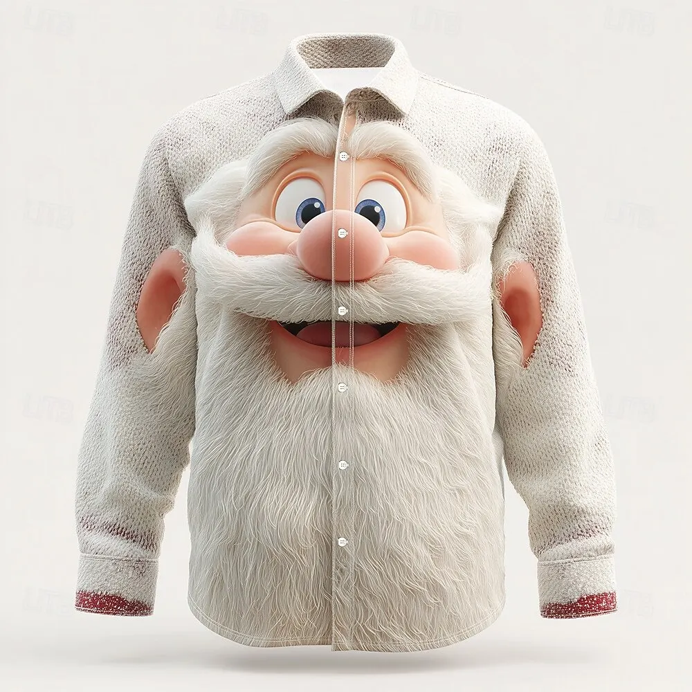 Camisas de manga larga con estampado de Papá Noel en 3D para hombre, Top informal con solapa y botones, ropa holgada y cómoda para exteriores a la moda