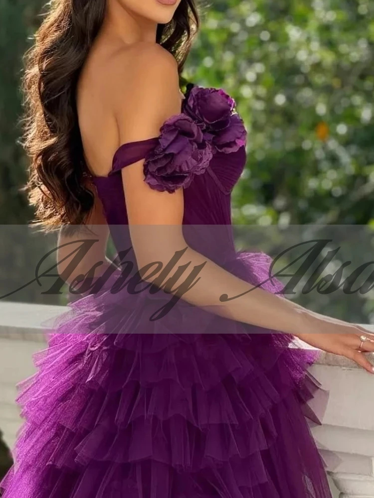A2862 고품질 퍼플 여성 이브닝 드레스 롱 원숄더 러플 티어드 튤 웨딩 게스트 파티 프롬 정장 맞춤 제작
