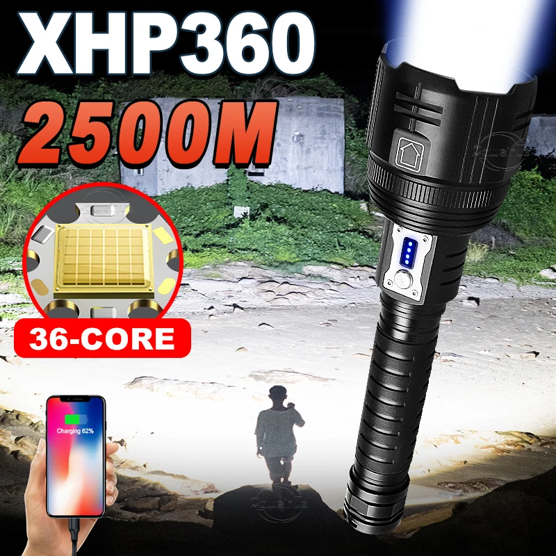 Super Powerful LED Flashlight XHP360 Rechargeable Working Torch Usb Zoomable Tactical Flash Light 18650 Camping Hunting Lantern