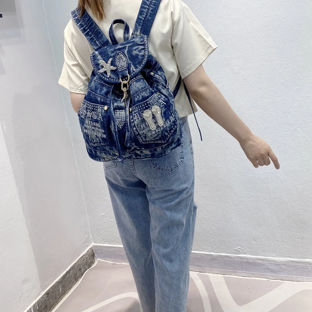 Brand Designer New Fashionable Water-washed Denim Backpack With Diamond Multifunctional Embroidery Travelbag Backpack For Girls