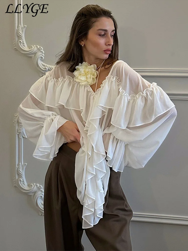 

Elegant Women's Ruffles Shirt Loose V-neck Lantern Sleeve Female Blouses 2025 Spring Summer Lady Chic See Through Shirts New