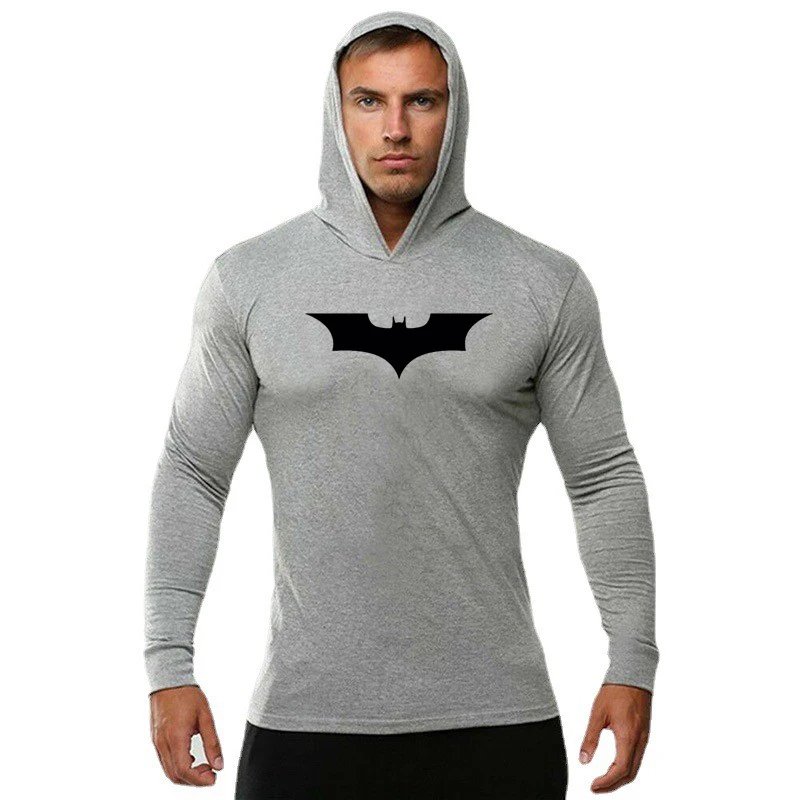 Black Bat Print Mens Fitness Pullover Sport Long Sleeve Slim Fit Hooded Shirt Gym Bodybuilding Muscle Cotton Breathable Hoodie