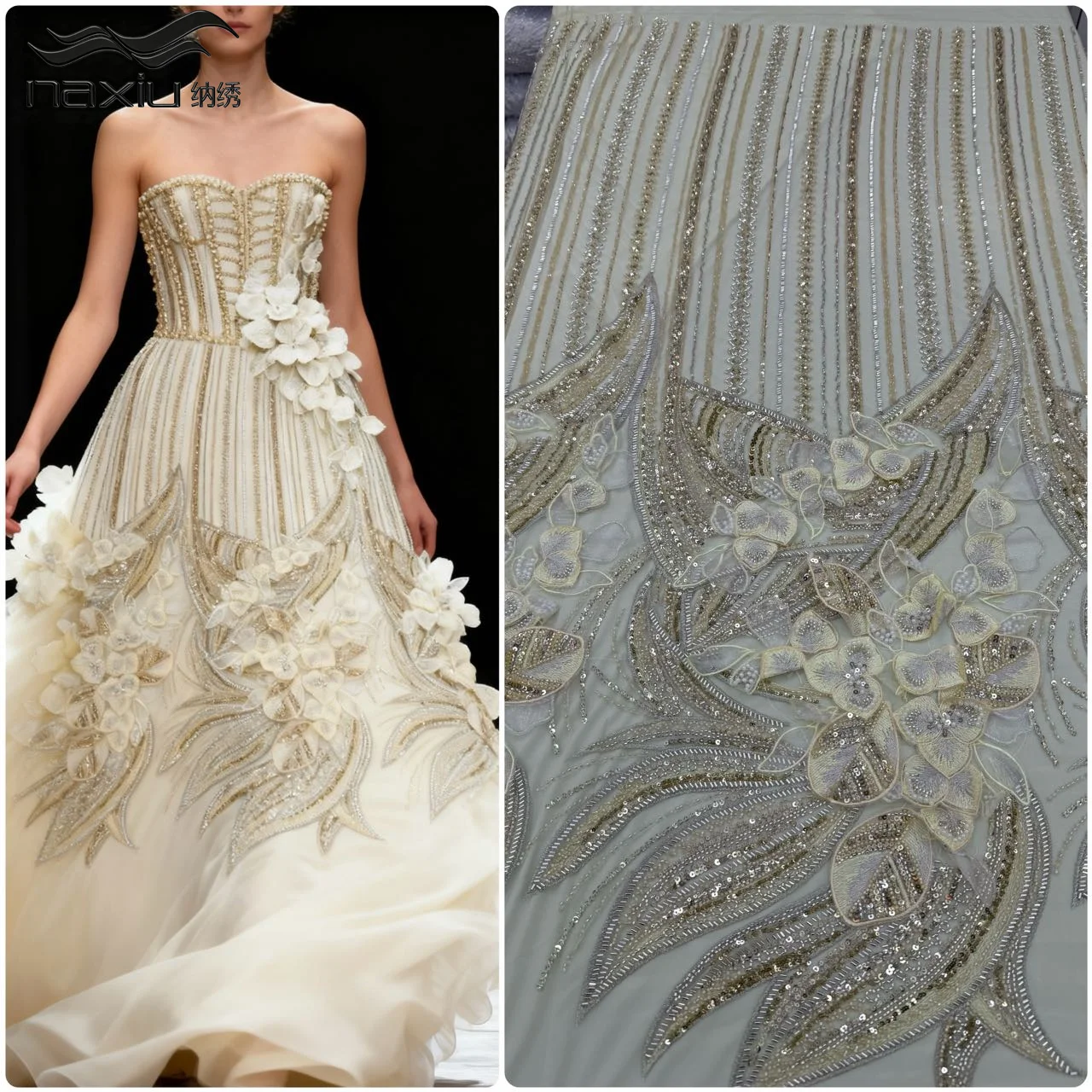 

Madison 2026 High Quality Luxury Handmade Beads 3D FLower Africa Embroidered Sequins Tulle Net Fabric For Evening Party Dress