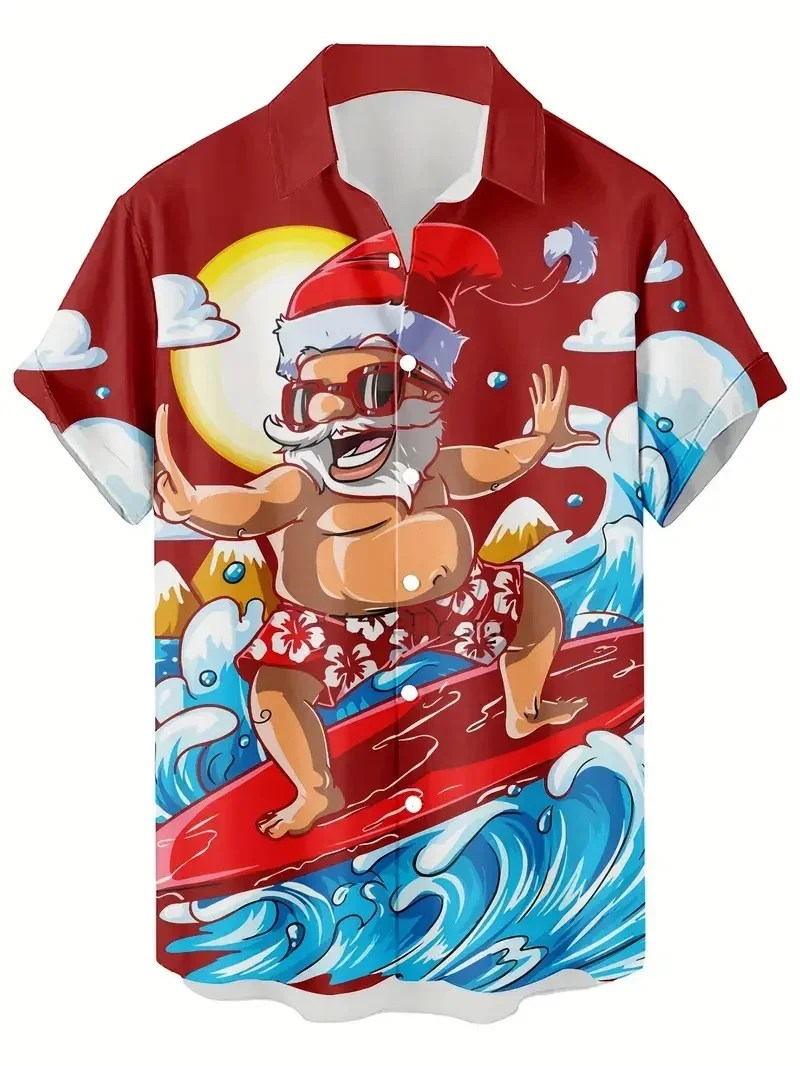 Summer Button Vacation Shirts 3D Print Christmas Themed Santa Claus Graphic Beach shirts Men's Short Sleeve Lapel Hawaiian Shirt