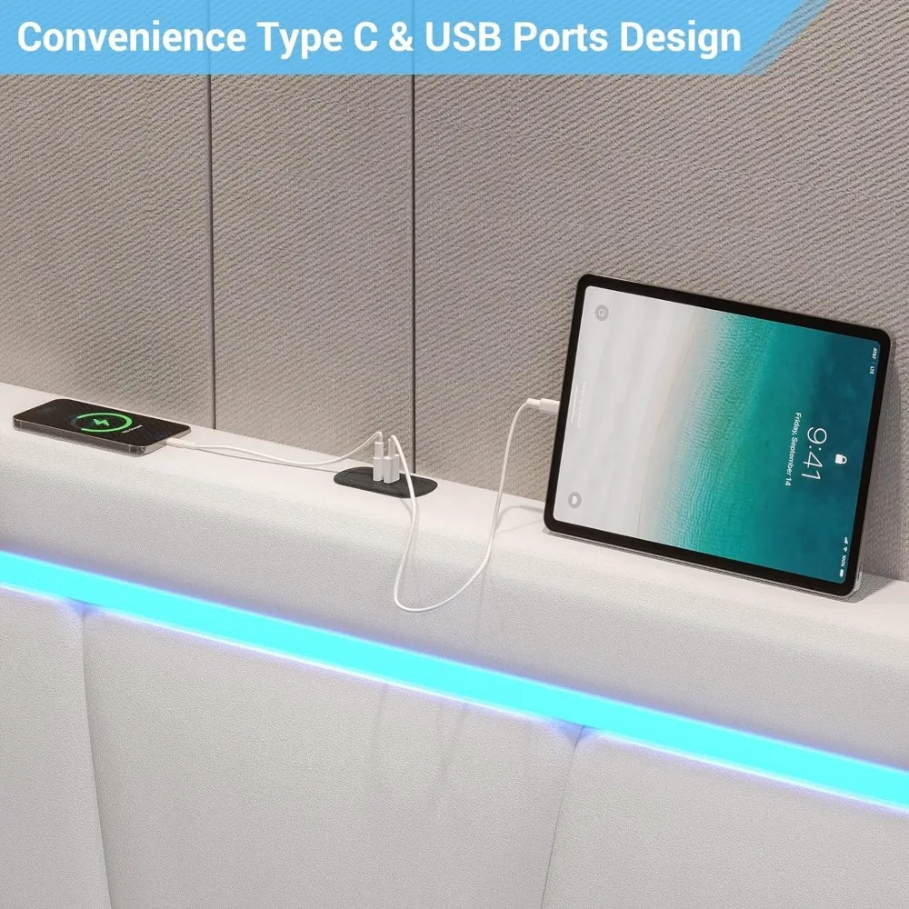 California bingkai tempat tidur King dengan 4 laci penyimpanan dan lampu Led penyimpanan Platform berlapis kain dengan USB dan Headboard putih