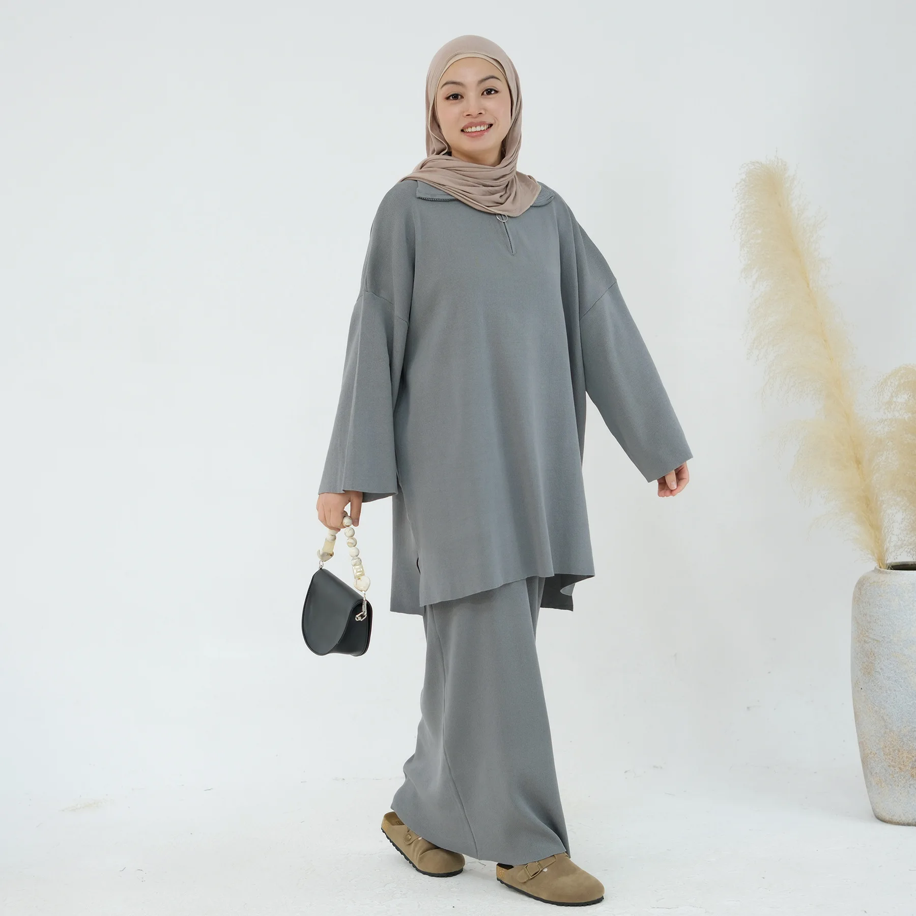 Women 2 Piece Set Modest Muslim Warm Knit Zip Pullover Sweater Long Skirt Autumn Winter Outfits Islam Clothing Dubai Abaya Dress
