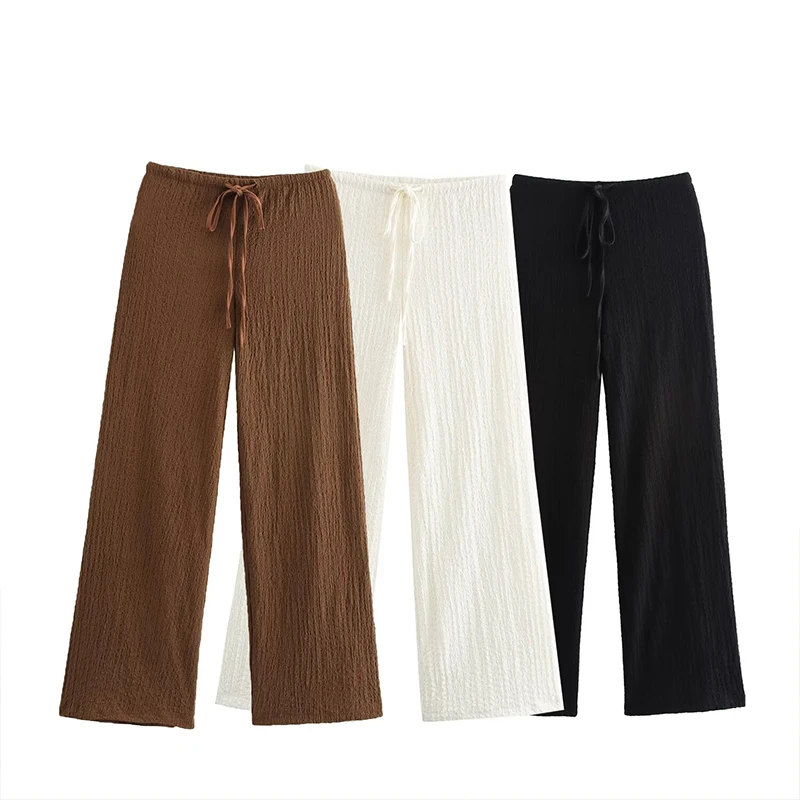 

Fanan Women Fashion Texture Solid Drawstring Straight Pants Vintage High Elastic Waist Full Length Female Chic Lady Trousers