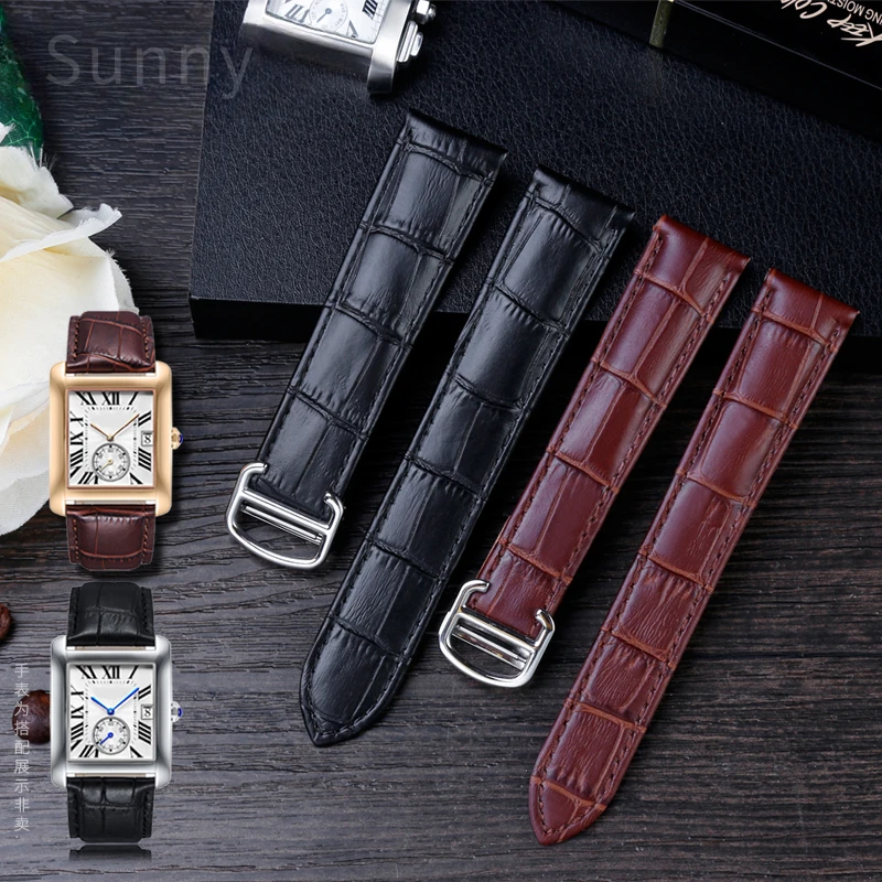 Genuine Leather Watch Strap for Cartier Tank Solid Stainless Steel Fold Buckle Solo London Calibo Men Women 18 20mm Watchband