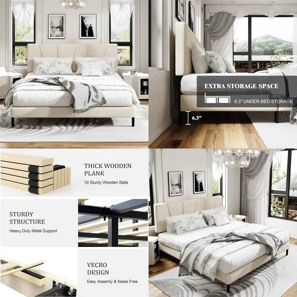 King Size Upholstered Headboard Platform Bed Frame with Wooden Slat Support, No Box Spring Required, Easy Assembly, Silent Opera