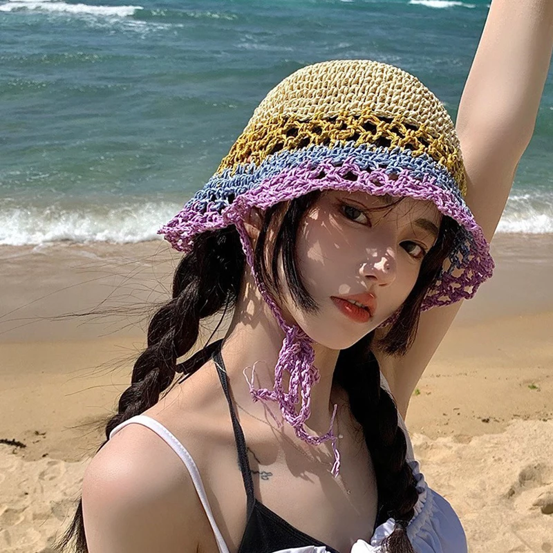 

Fashion Woven Bucket Hats for Girls Summer Hollow Out Breathable Fisherman's Hat Travel Beach Sun Caps Lace Up Straw Basin Hat