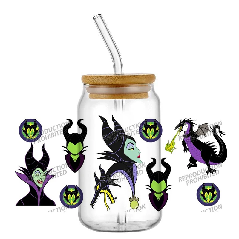 جديد ديزني الشر الشرير Maleficent 16oz UV DTF ثلاثية الأبعاد الهاتف ملصق الشارات يلتف الزجاج يمكن الكؤوس الإبداعية الحرفية لتقوم بها بنفسك الهدايا