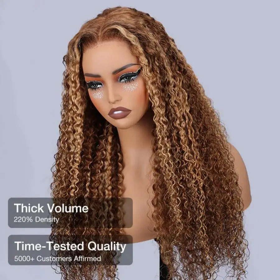 Deep Wave Honey Blonde Glueless Wigs 100% Human Hair Pre Cut Highlight Wear and Go Curly Wigs for Women Ombre HD Lace Front Wig image 5