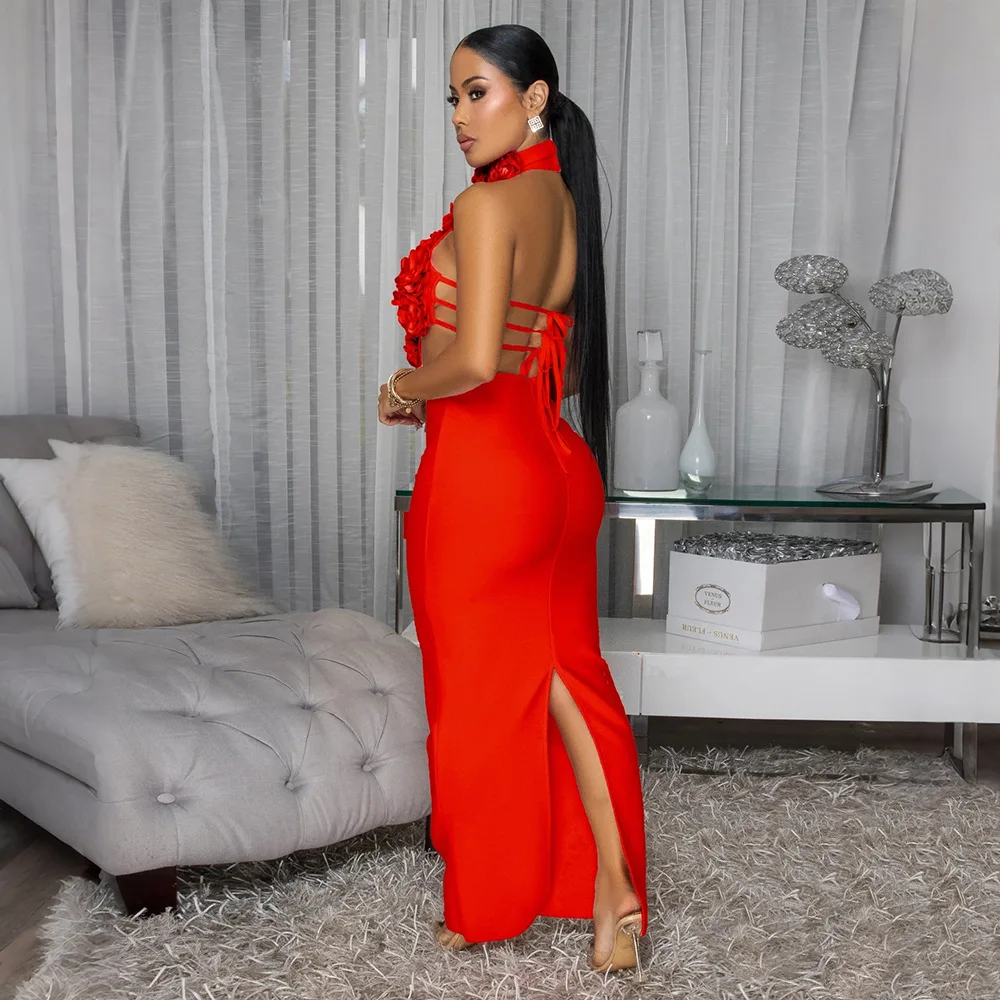 2025 Hot Selling Halter Neck Sexy Dress with Large Floral Print Women's Elegant Evening Gown for Party Prom Formal Occasion Wear