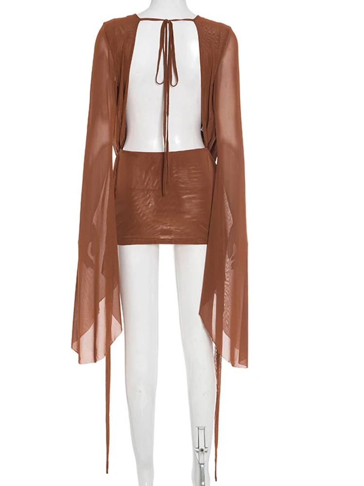 เดรสสั้นผ้าตาข่ายซีทรู แขนบาน คอวี แต่งระบาย สีชมพู ชุดเที่ยวทะเล ชุดคลุม ชุดออกงานกลางคืน