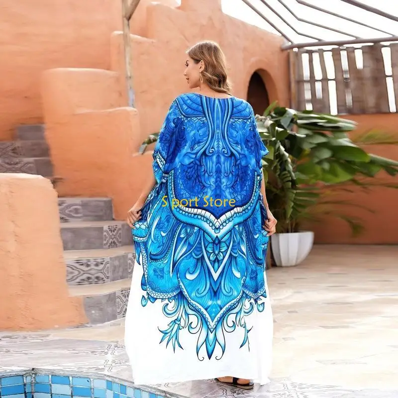

U2JB Women Beach Cover Up Robe V-Neck Kaftan Blue White Floral Maxi Long Dress