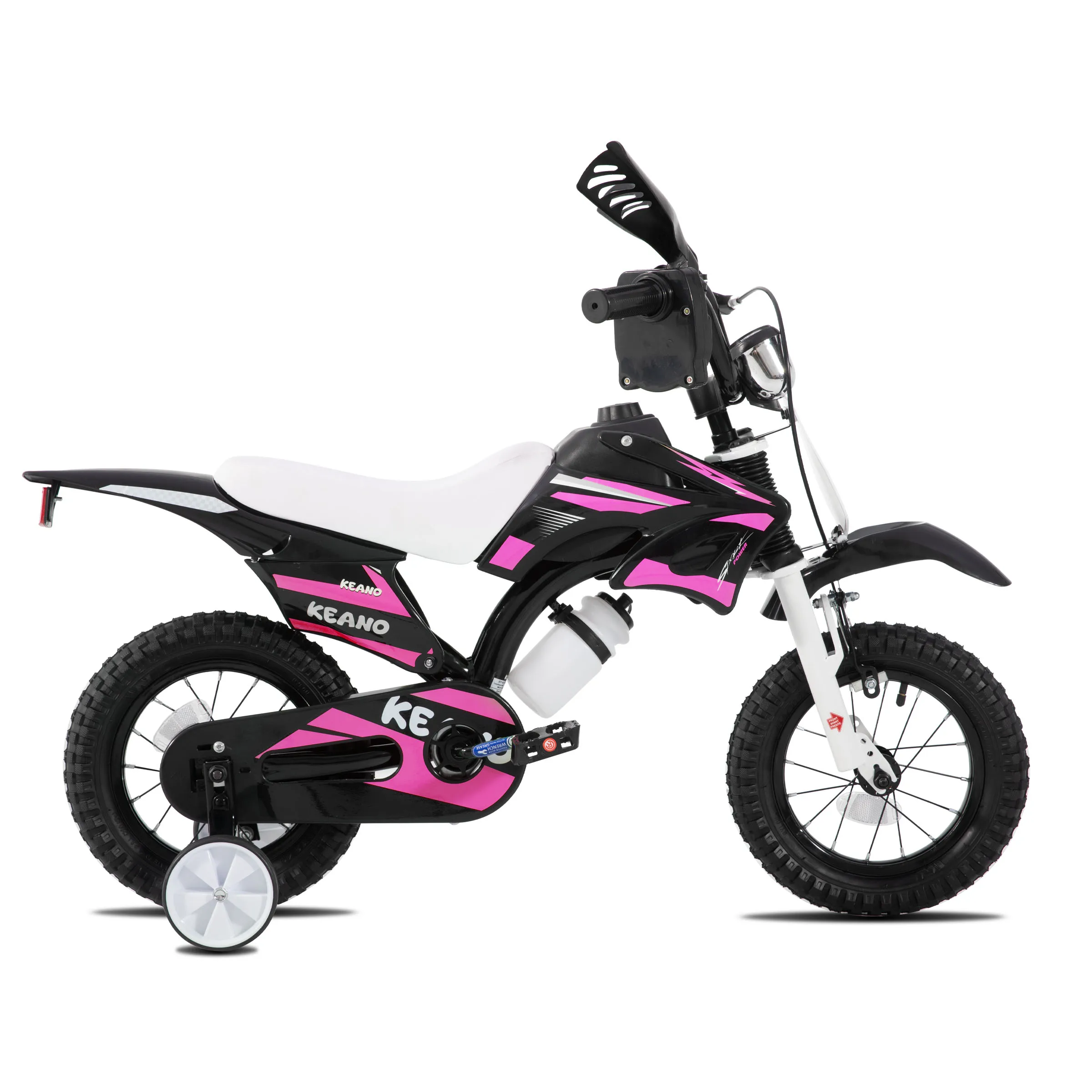 KEANO Motocross Style kinderfiets voor jongens en meisjes van 3-7 jaar, 12 & 16 inch fietsen met zijwieltjes en nummerplaat