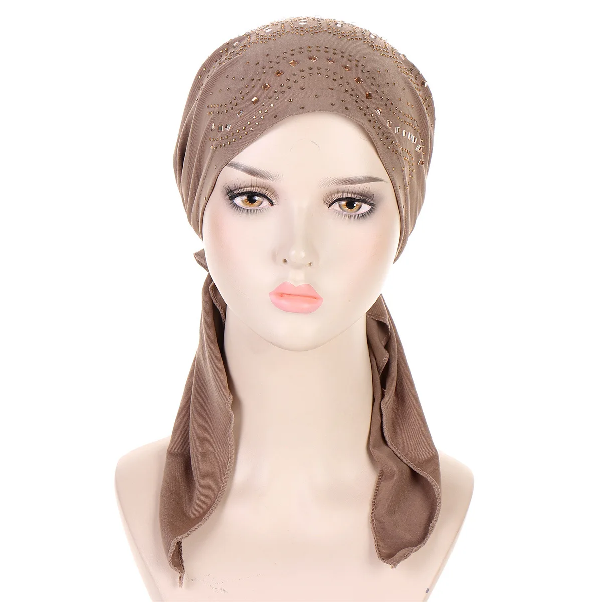 Muslim Fashion Diamond Hijab Turban Hats Long Tail Head Wraps Elastic Hats Breathable Chemo Cap For Women Girls