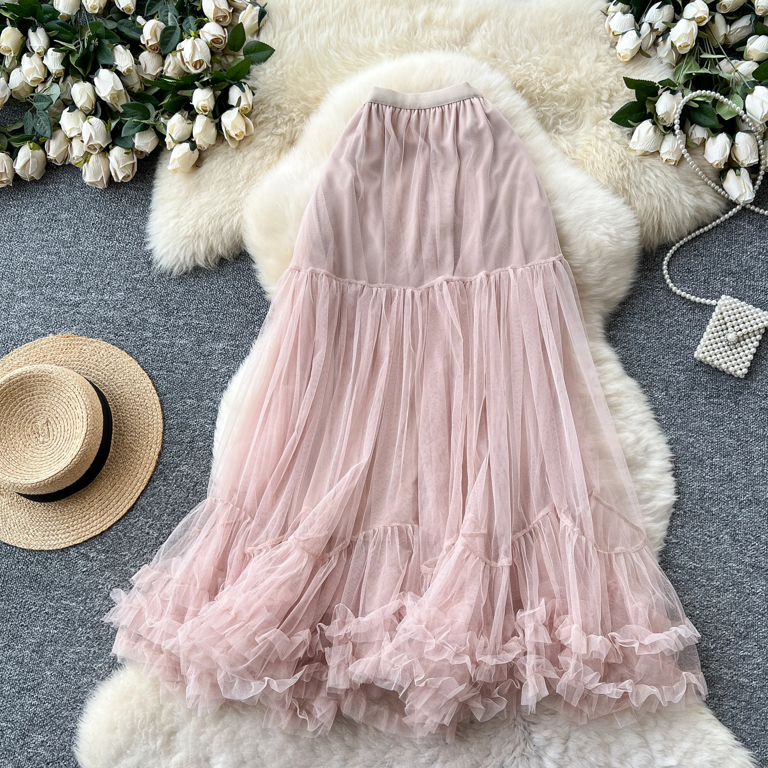 

Women Elegant Chic sweet mesh ruffle Sexy Skirt Elastic High Waist Korean Fashion Vintage A-line Skirt Slim Clothing