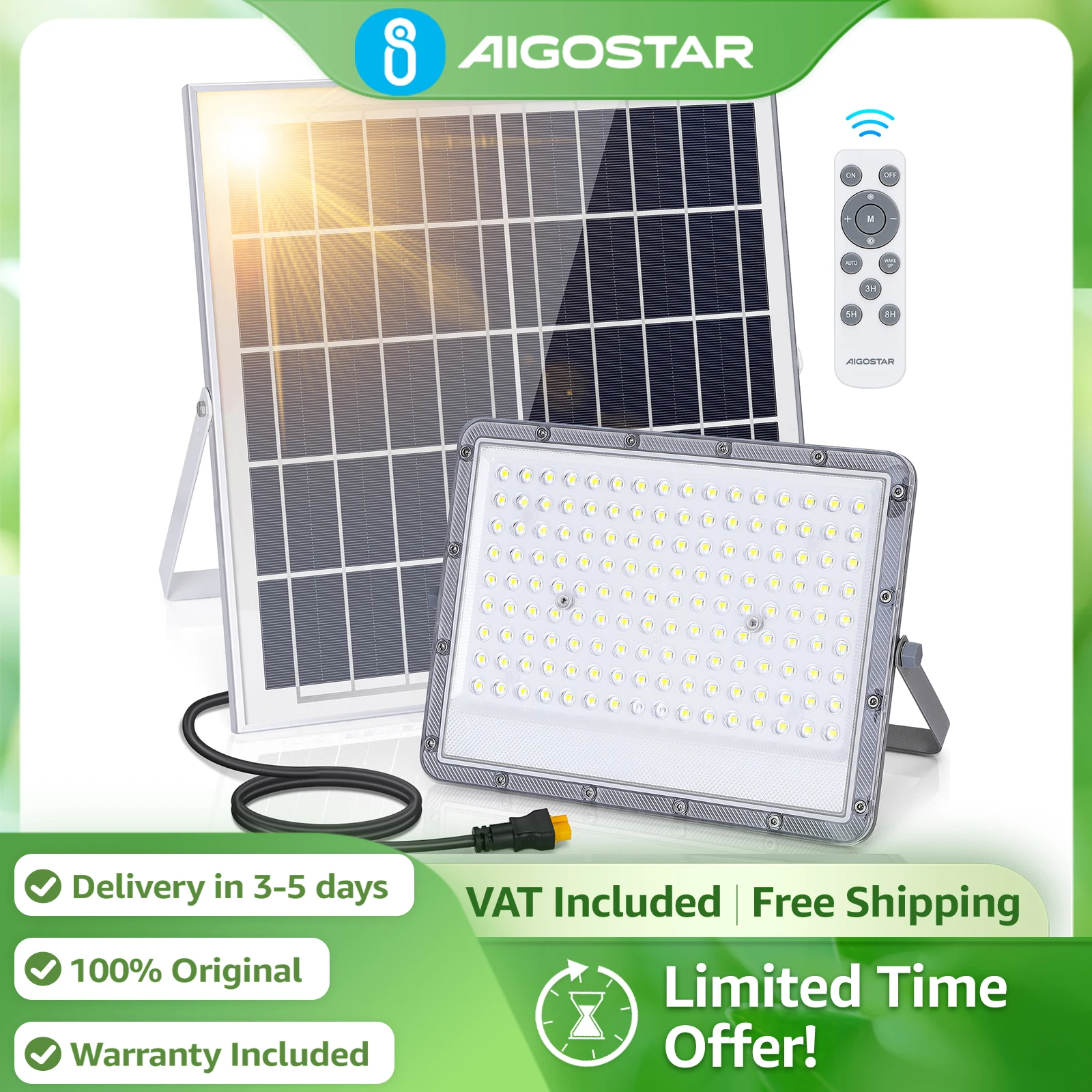 Aigostar Proyector Solar 20000mAh Batería Enorme | IP65 Impermeable con Mando | Luz 6500K para Jardín, Exterior
