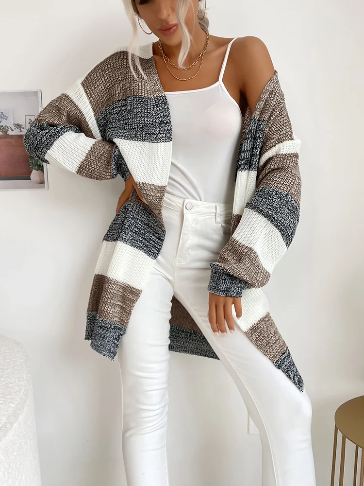 Women Long Sleeve Patchwork Soild Colour Long Knit Coat Sweater Cardigan Loose Autumn Outdoor Warm Cardigans Casual