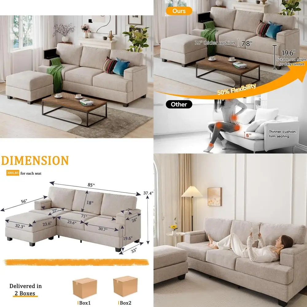 85 Inch L-Shaped Sofa with Armrest Organizer, 3-Seat Sectional with Movable Ottoman, Plush Sofa with Thick Cushions