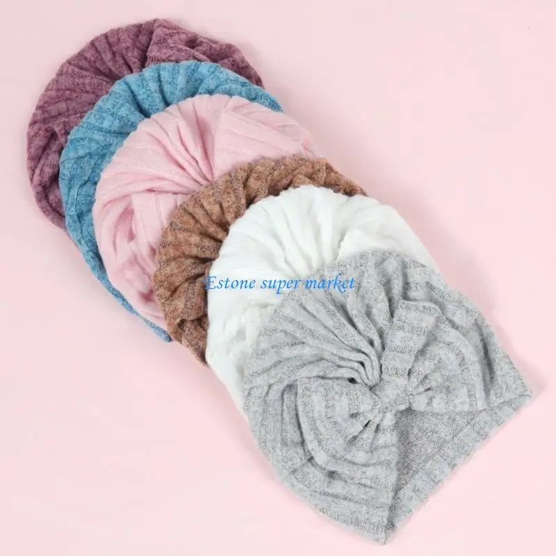 

090B Striped Beanie Cap Headwrap Nursery Hospital Elastic Turban Hat Baby Hat with Bowknot for Infant Toddler Soft Bonnet Cap