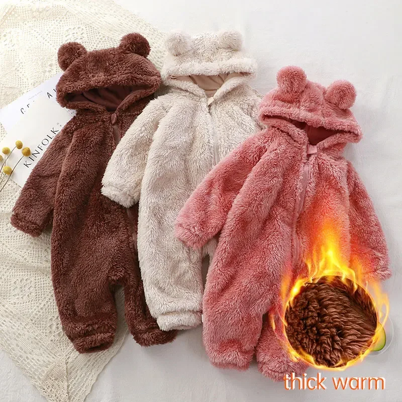 

Thick Warm Baby Rompers Cute Winter Infant Jumpsuits Hooded Coral Fleece Bear Shape Newborn Soft Pajamas Overalls Clothing