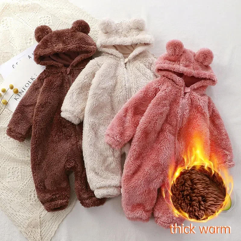 Macacão grosso de urso coral com capuz macacão de inverno quente macacão de bebê recém-nascido bonito pijama macio, roupas infantis