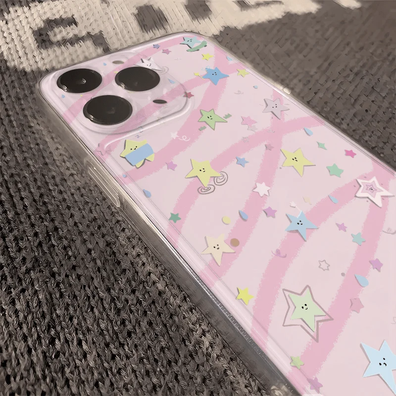 New Ins Graffiti Pink Stars Phone Case For iPhone 16 15 14 13 12 11 Pro Max XR X XS 14 15 7 8 Plus Y2K Soft Anti Fall Cover